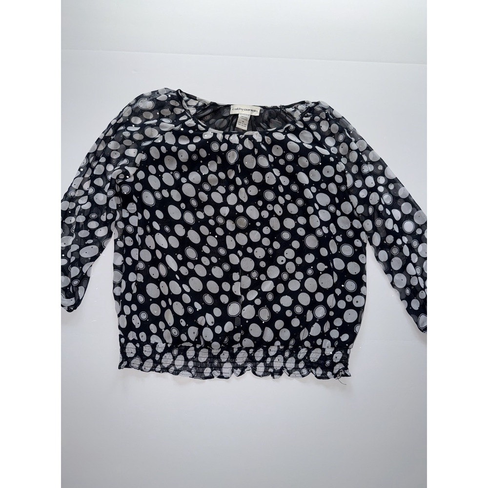 Cathy Daniels Women Medium Semi Sheer Top Black Gray Polka Dots Sequin Shirt